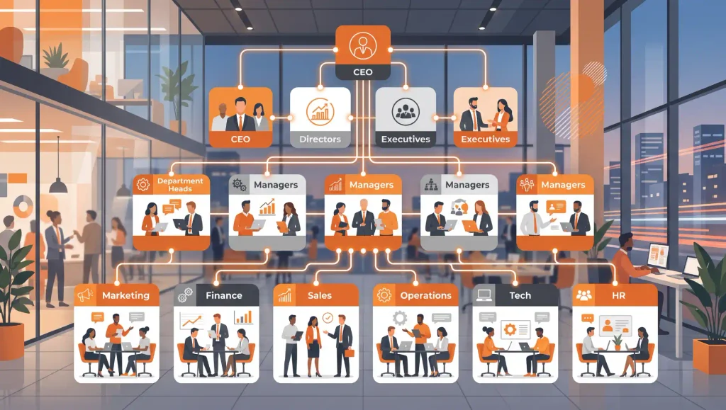 organograma visual em estilo corporativo com organograma em blocos no escritório, mostrando cargos como CEO, diretores, executivos e equipes de Marketing, Finance, Vendas, Operations, Tech e RH.