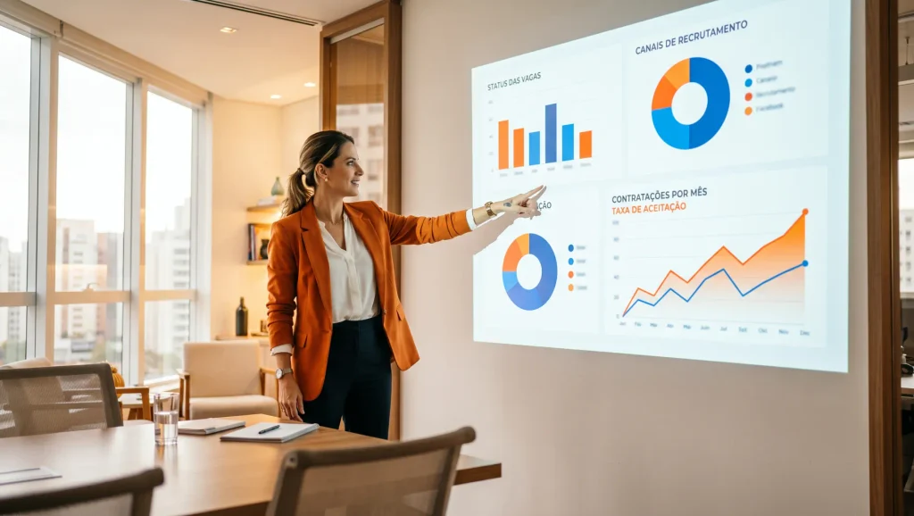 Profissional de RH apresentando um slide de relatório com gráficos em uma reunião corporativa, com foco em Talent acquisition e indicadores de recrutamento na parede.