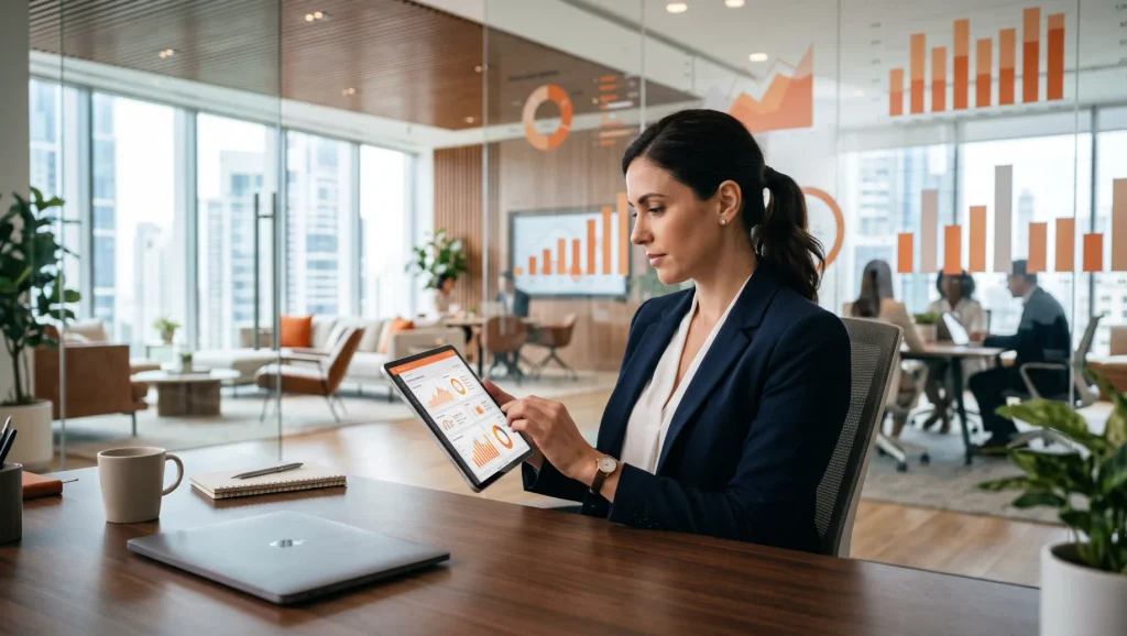 Profissional em escritório moderno usando um tablet com gráficos e relatórios de modelos de feedback, analisando dados enquanto interage com a tela