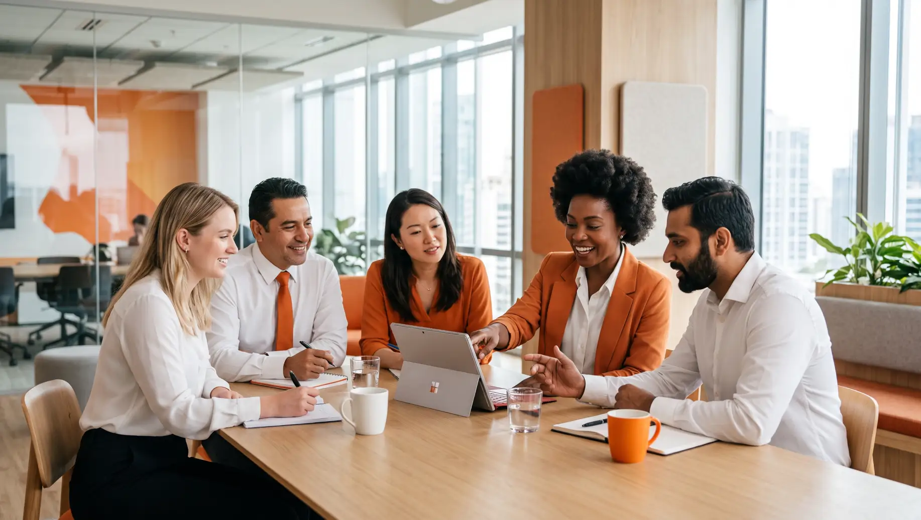 Reunião em escritório corporativo com profissionais trabalhando em equipe ao redor de uma mesa, discutindo projetos em laptops e documentos; clima de emprego formal