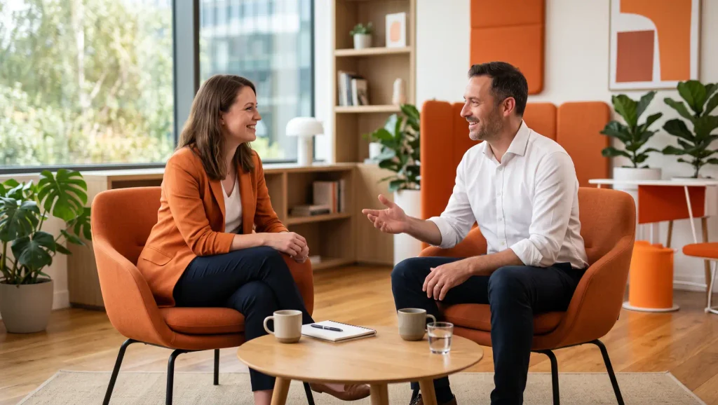 modelos de feedback: Reunião em escritório com duas pessoas sentadas em poltronas trocando feedback, em ambiente corporativo com plantas e mesa ao centro