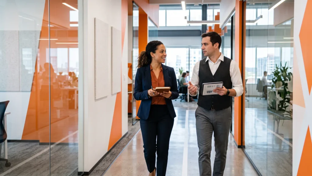 Talent acquisition: profissionais de negócios conversam e trocam informações em um corredor de escritório moderno, segurando tablets e sorrindo.