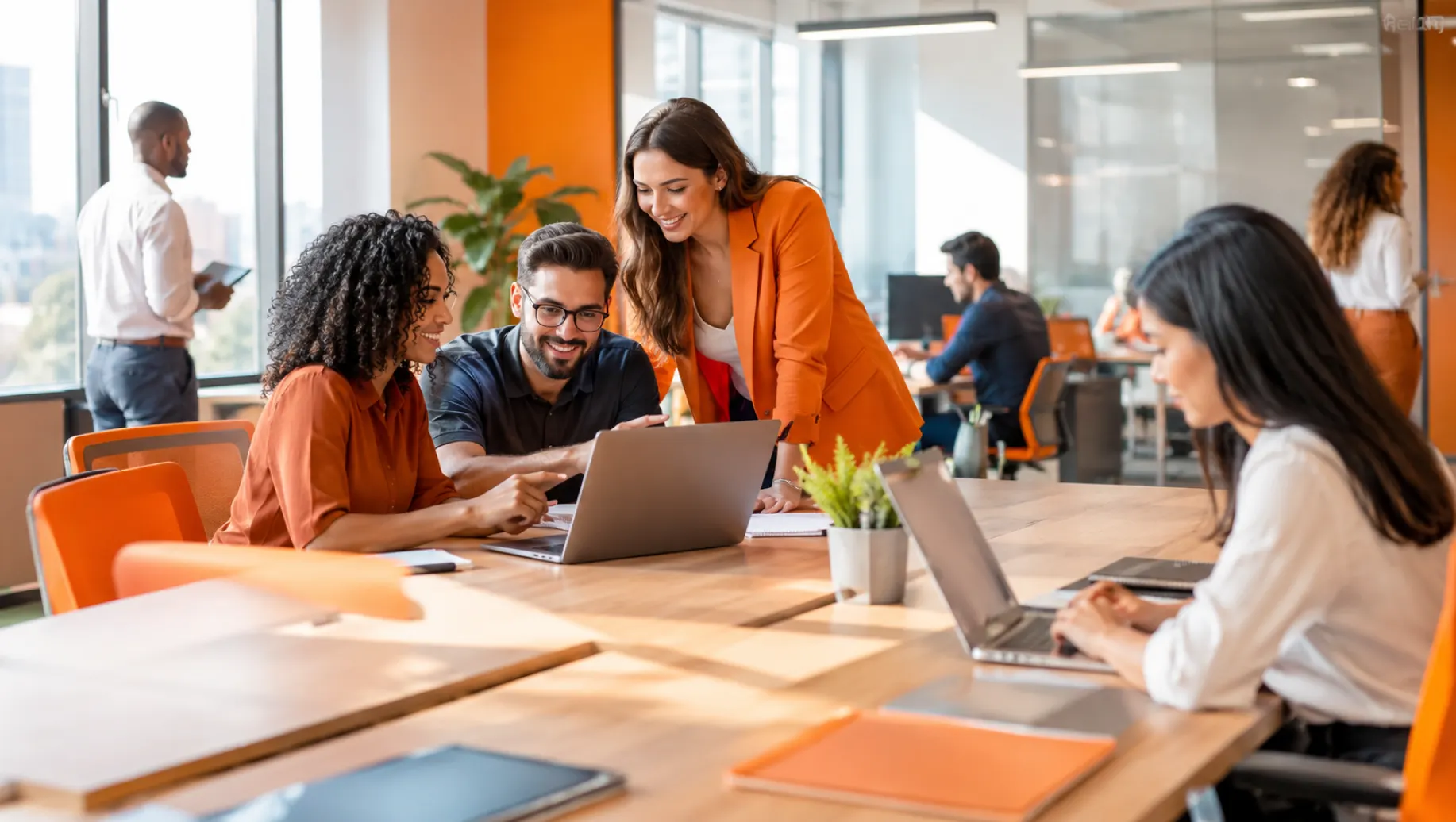 Ambiente corporativo moderno com equipe reunida em sala de escritório, pessoas com laptop e documentos, sorrindo e colaborando durante uma conversa