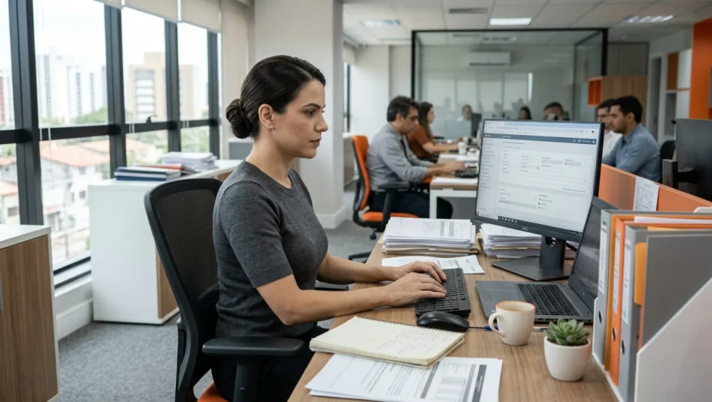 Ambiente corporativo com profissionais trabalhando em escritórios modernos, uma mulher digitando no computador em uma mesa organizada com documentos, teclado e caneca sobre o balcão.