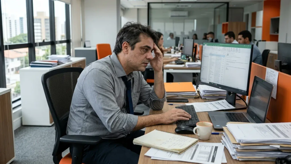 Ambiente corporativo com um profissional trabalhando em um escritório moderno, usando computador e organizando documentos sobre a mesa, ao fundo pessoas em reuniões