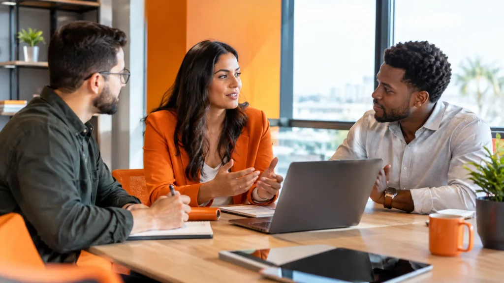 Ambiente corporativo com três pessoas reunidas em uma mesa de trabalho, discutindo ideias e analisando um laptop em escritório moderno com janelas ao fundo e plantas decorativas.
