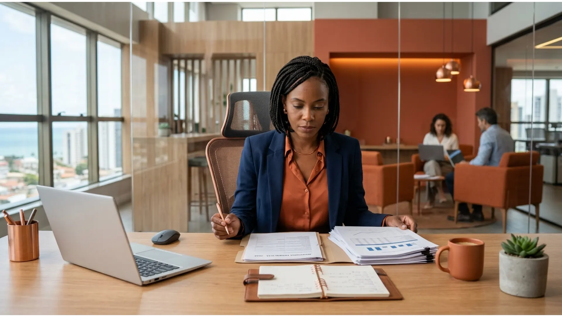auditoria trabalhista: mulher em escritório com laptop e documentos analisando gráficos e relatórios sobre folhas de pagamento em reunião profissional