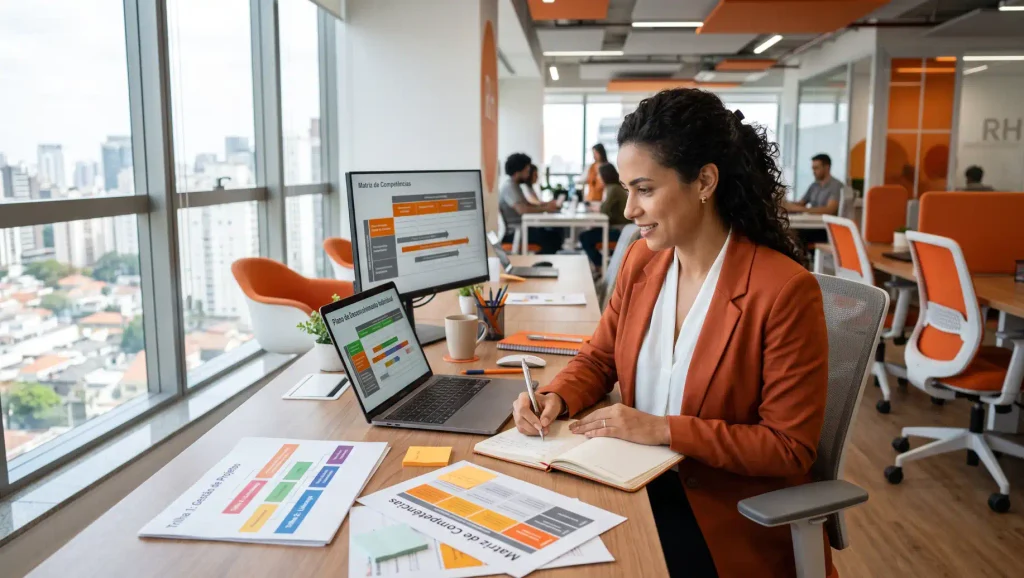 Profissional em escritório moderno usando um notebook com gráficos e relatórios, enquanto planeja e faz anotações em um caderno aberto; ambiente corporativo com outras pessoas ao fundo e janelas com vista da cidade, tema de LMS.
