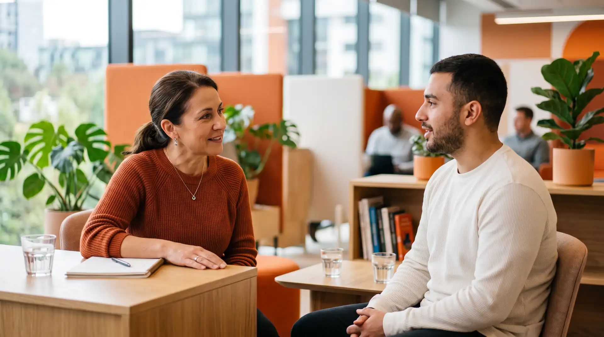 Duas pessoas conversando em uma sala de escritório moderna durante um encontro de trabalho, com notebook e anotações na mesa, foco em engajamento e diálogo