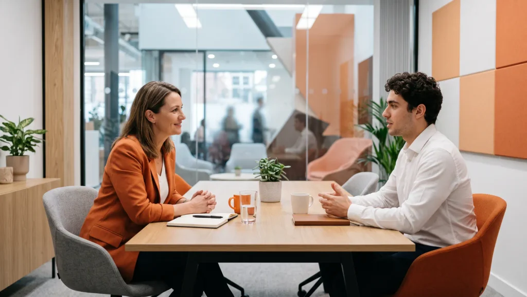 endomarketing: Conversa em sala corporativa: duas pessoas sentadas à mesa, tomando café e discutindo ideias no ambiente de trabalho, com plantas e vidro ao fundo.