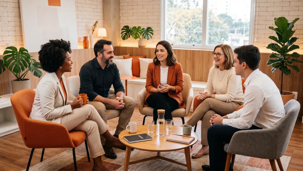 Equipe reunida em sala de empresa para uma conversa colaborativa, com notebook sobre a mesa e plantas no ambiente, representando endomarketing e integração no trabalho.