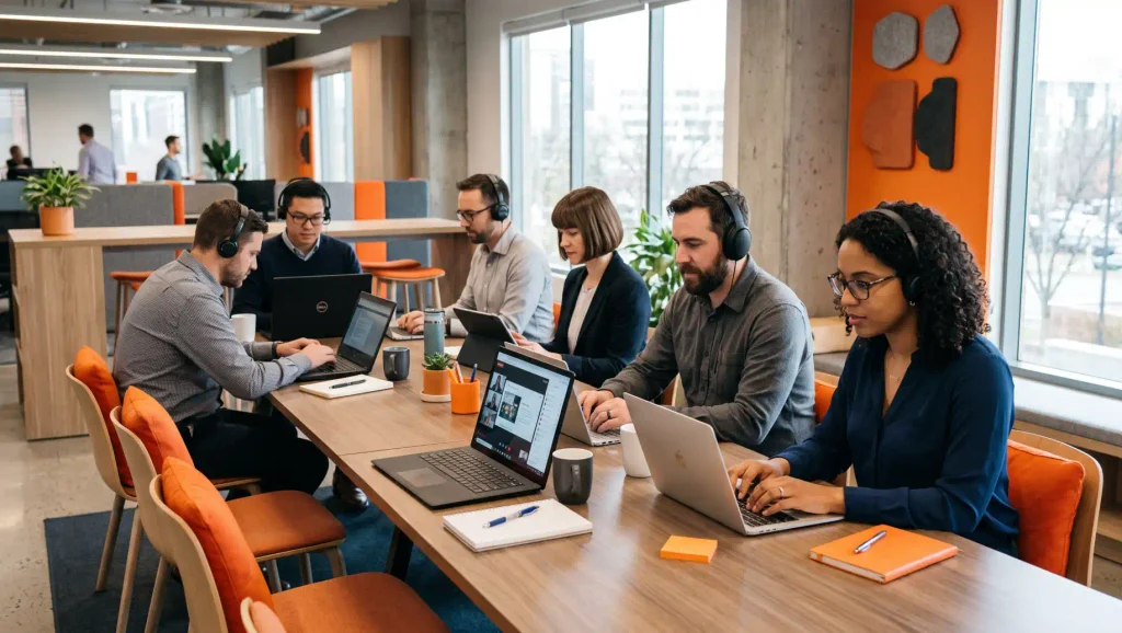Equipe em ambiente corporativo trabalhando em conjunto com laptops e fones de ouvido, participando de uma sessão de comunicação e treinamento com foco em LMS.