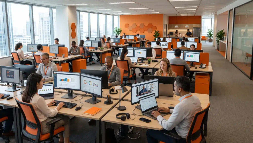 Ambiente de escritório moderno com pessoas trabalhando em estações com computadores, dashboards e gráficos em telas, sugerindo gestão e treinamentos de LMS.