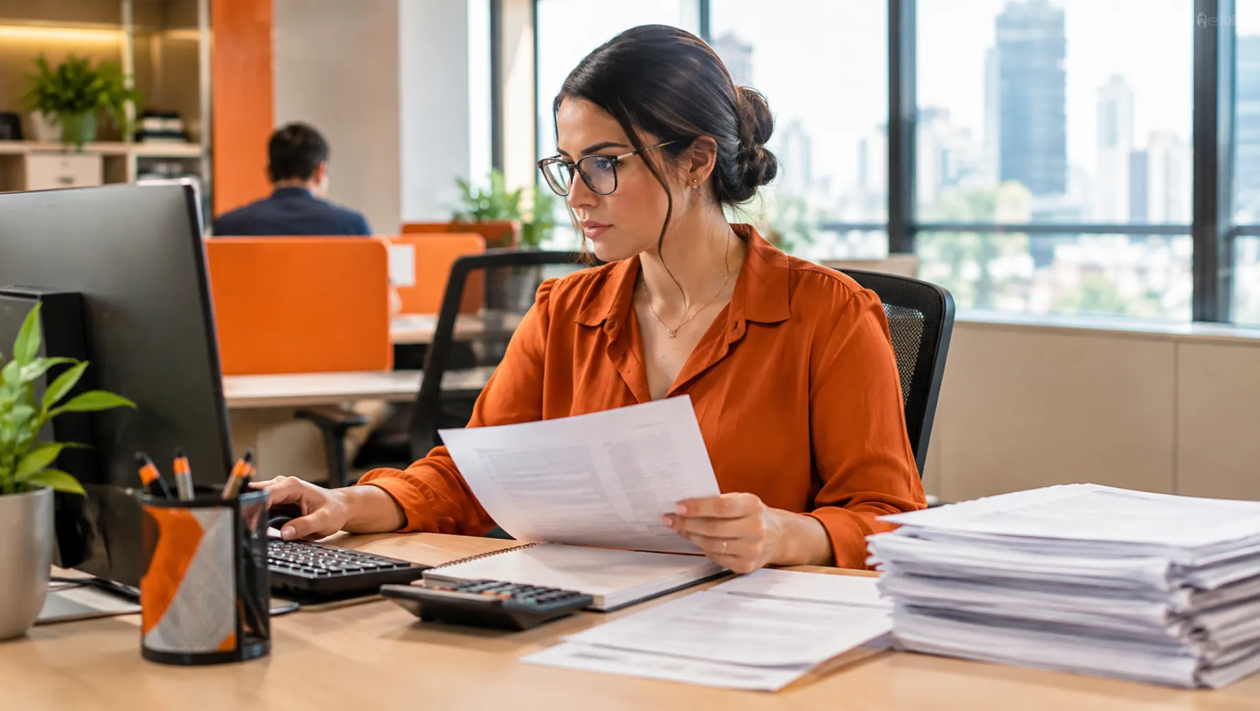 Mulher profissional em escritório utilizando computador e conferindo documentos de pagamento, com pilhas de papéis sobre a mesa e janela ao fundo, imagem para Melhores softwares de folha de pagamento