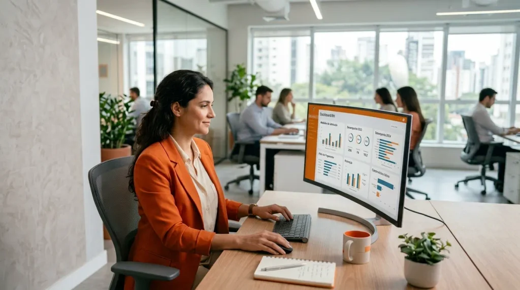 Melhorias Agosto 2026: Profissional em escritório moderno analisando um dashboard de dados em um monitor, com gráficos e indicadores, enquanto trabalha ao lado de notebook e caneca sobre a mesa.