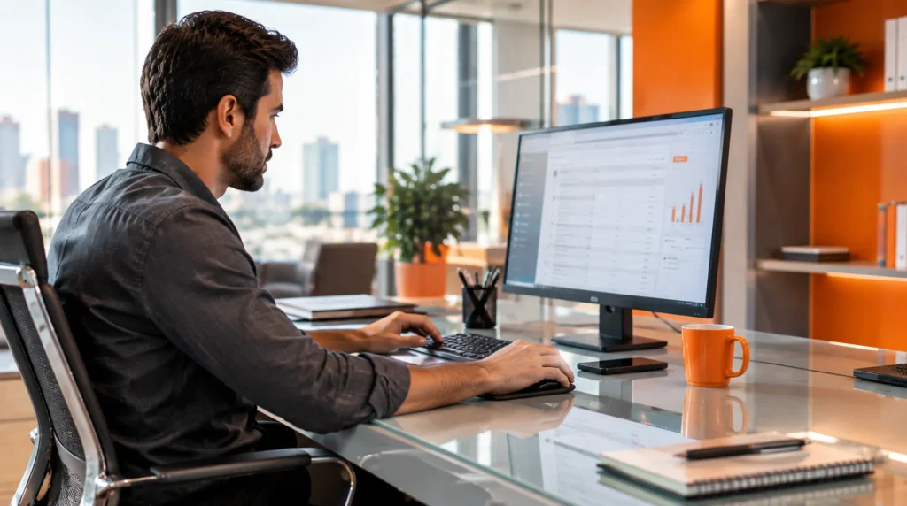 Módulo de Inclusão Tributária (MIT: Profissional trabalhando em escritório com monitor exibindo gráficos e planilha de dados para análise tributária, em ambiente corporativo moderno.