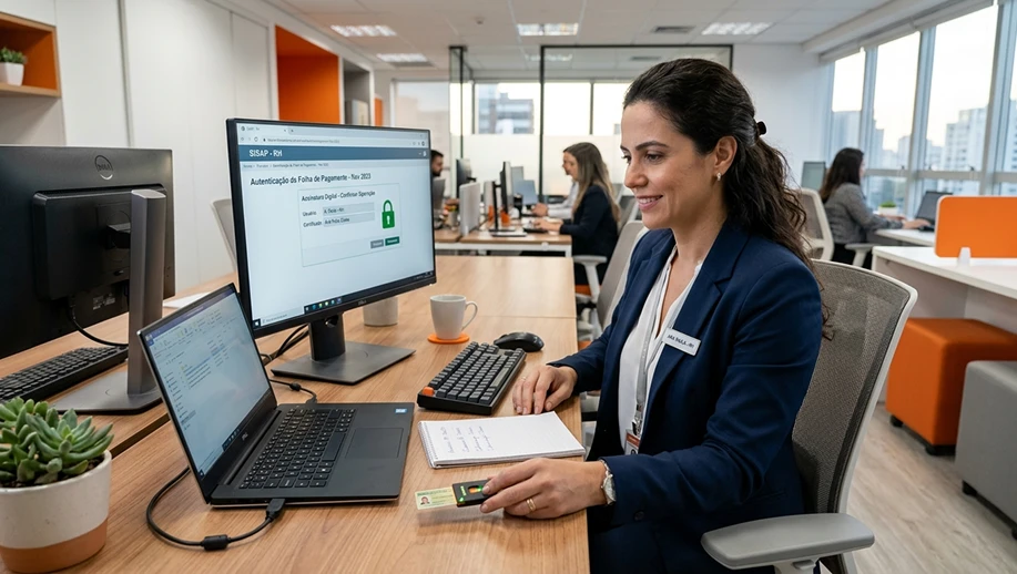 Mulher em escritório de atendimento com notebook e monitor exibindo sistema de autenticação digital, utilizando cartão e computador para Conectividade Social ICP.