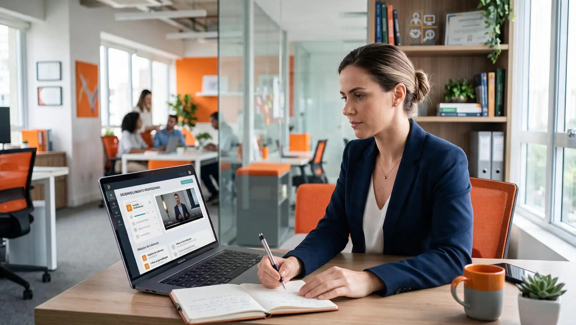Mulher em ambiente corporativo, sentada à mesa e preenchendo anotações enquanto usa um notebook com interface de sistema de gestão de cursos LMS para ensino e treinamentos da equipe.