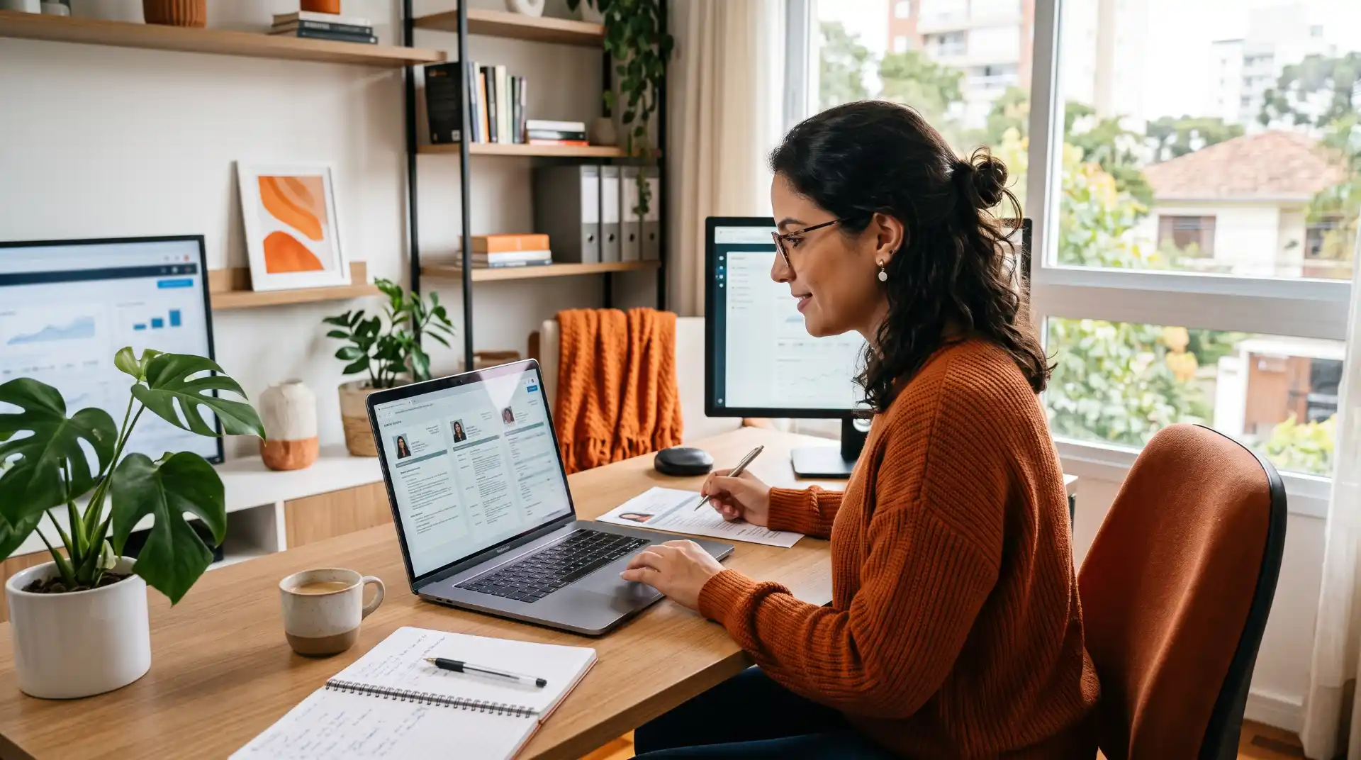 home office: mulher trabalhando em um escritório doméstico com notebook, anotações e planejador, enquanto usa dois monitores e trabalha em frente à janela com luz natural