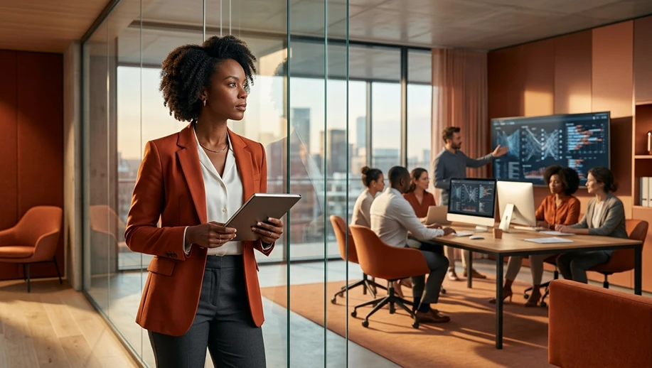 Pensamento crítico em ambiente corporativo: mulher de blazer laranja segura um tablet enquanto equipes analisam dados em telas e reuniões em sala com janelas panorâmicas.
