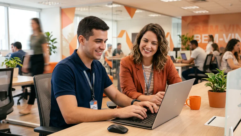 Profissional em escritório moderno usando um notebook com gráficos e relatórios, enquanto planeja e faz anotações em um caderno aberto; ambiente corporativo com outras pessoas ao fundo e janelas com vista da cidade, tema de LMS.
