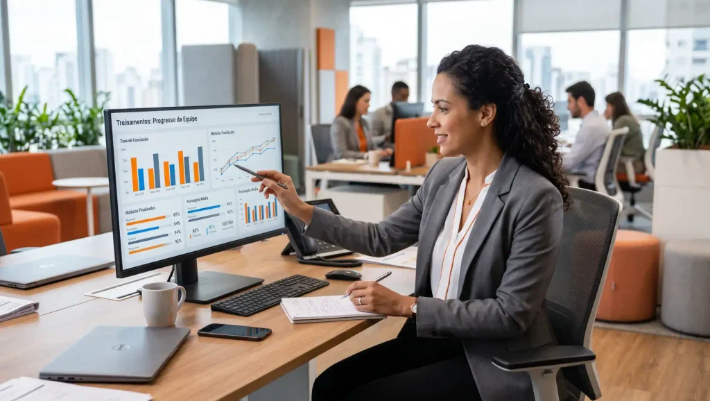 Profissional em escritório moderno usando um notebook com gráficos e relatórios, enquanto planeja e faz anotações em um caderno aberto; ambiente corporativo com outras pessoas ao fundo e janelas com vista da cidade, tema de LMS.