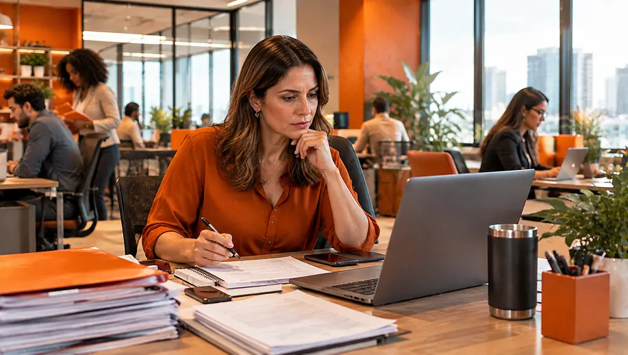 brasileiros: Mulher em ambiente de escritório compartilhado, trabalhando em frente ao notebook, com caderno e celular na mesa, enquanto colegas ao fundo também trabalham.