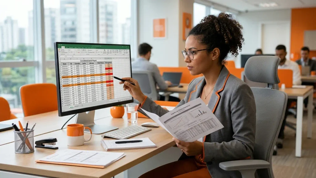 Profissional em ambiente corporativo analisando uma folha de ponto em uma tela de computador, enquanto revisa documentos impressos na mesa. Escritório moderno ao fundo.