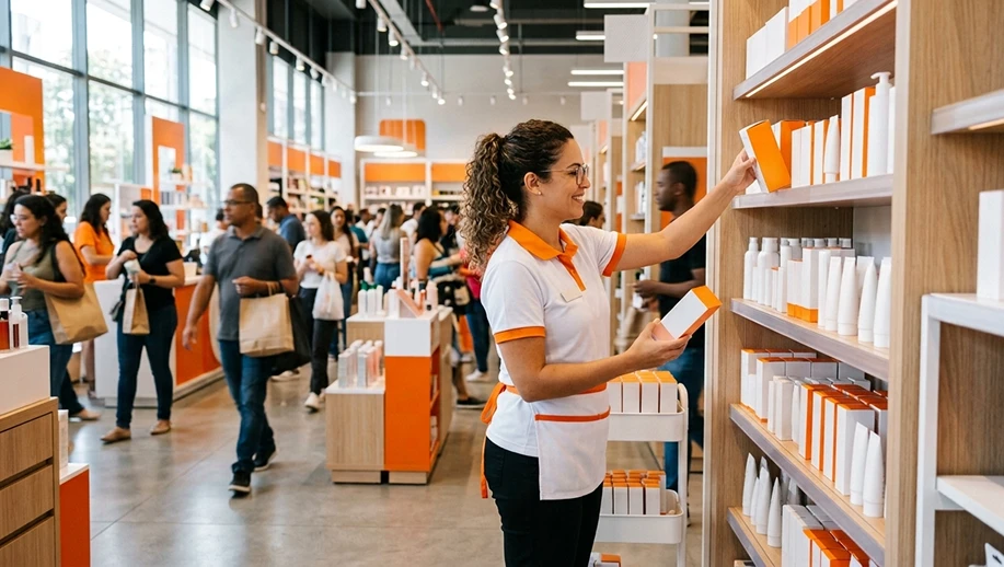 Artigo 386 da CLT: Atendente em uma livraria organiza livros em uma estante, enquanto clientes caminham pelo corredor ao fundo, com caixas e marcações em laranja no ambiente.
