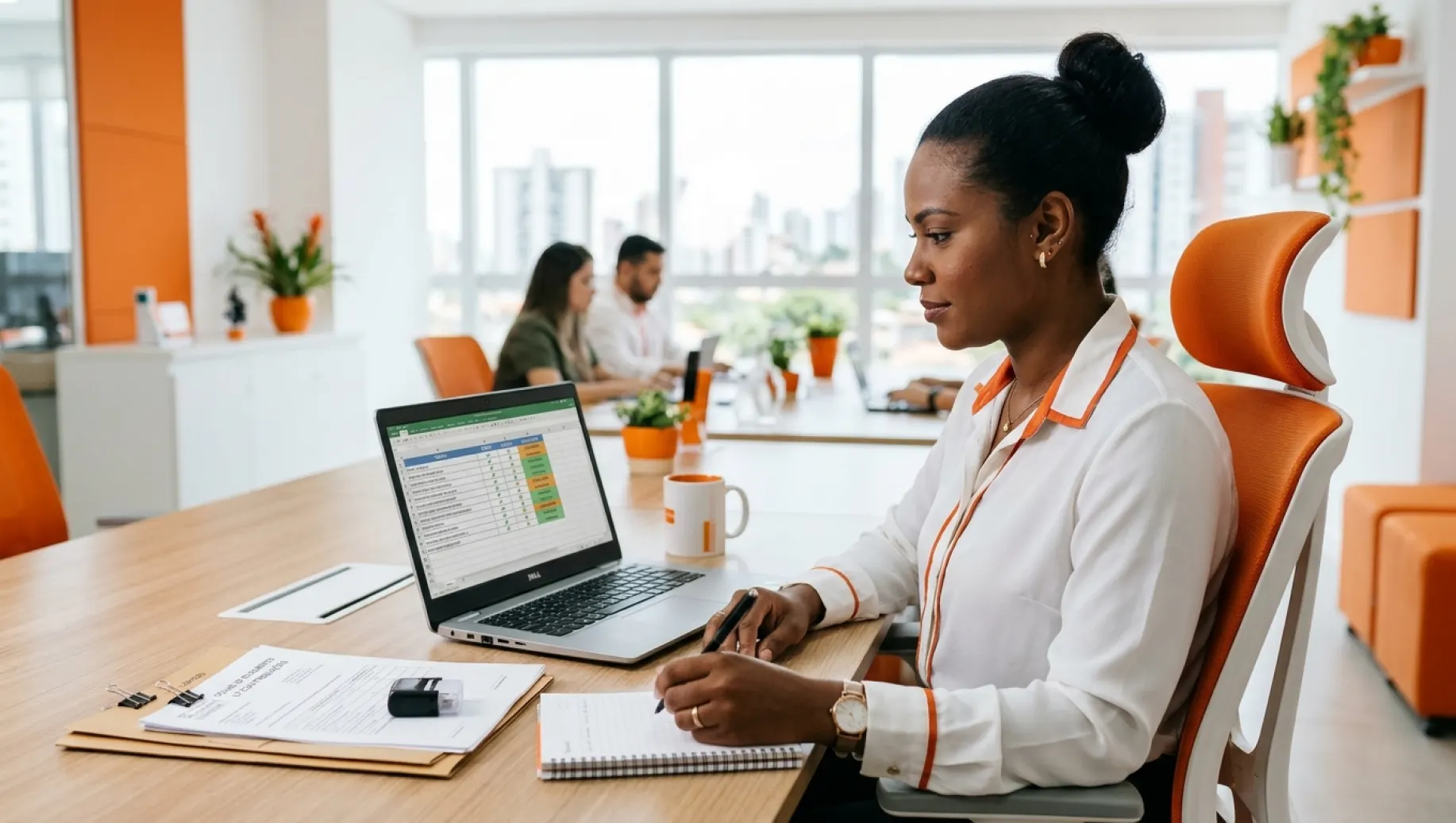 checklist do Crédito do Trabalhador: mulher analisa documentos no escritório usando notebook e preenchendo uma planilha em mesa com papéis e caneta, em ambiente corporativo.
