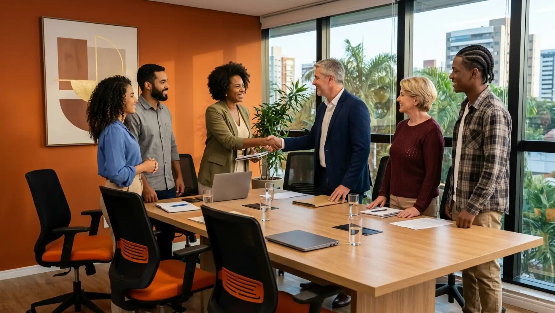 Equipe de profissionais em sala de reunião corporativa, cumprimentando e fechando acordo durante encontro em escritório com janela ampla e plantas ao fundo; Data-base