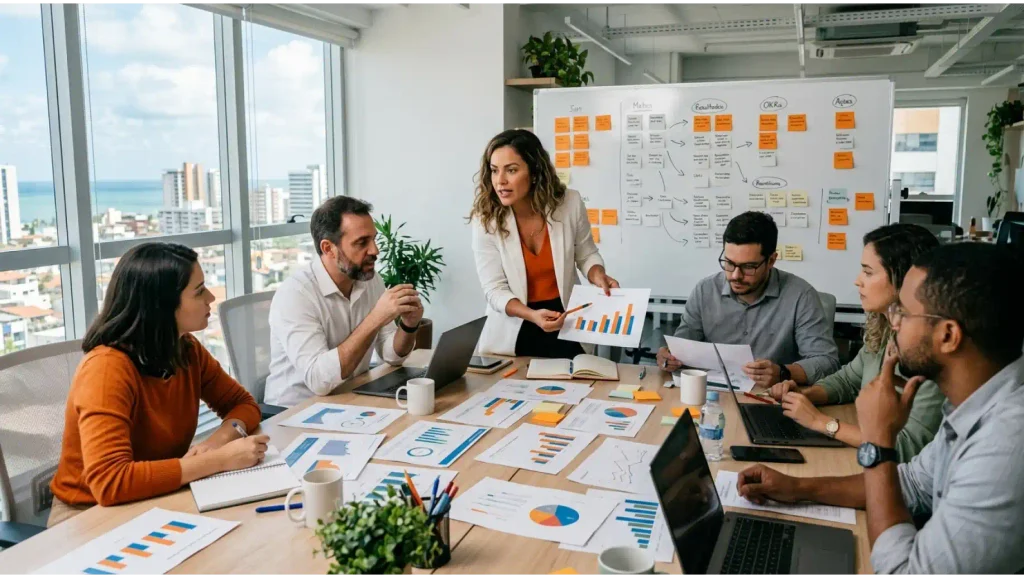 Equipe reunida em escritório moderno apresentando gráficos e relatórios em uma reunião de planejamento, com indicadores em quadro branco ao fundo e foco em Indicadores de desempenho.