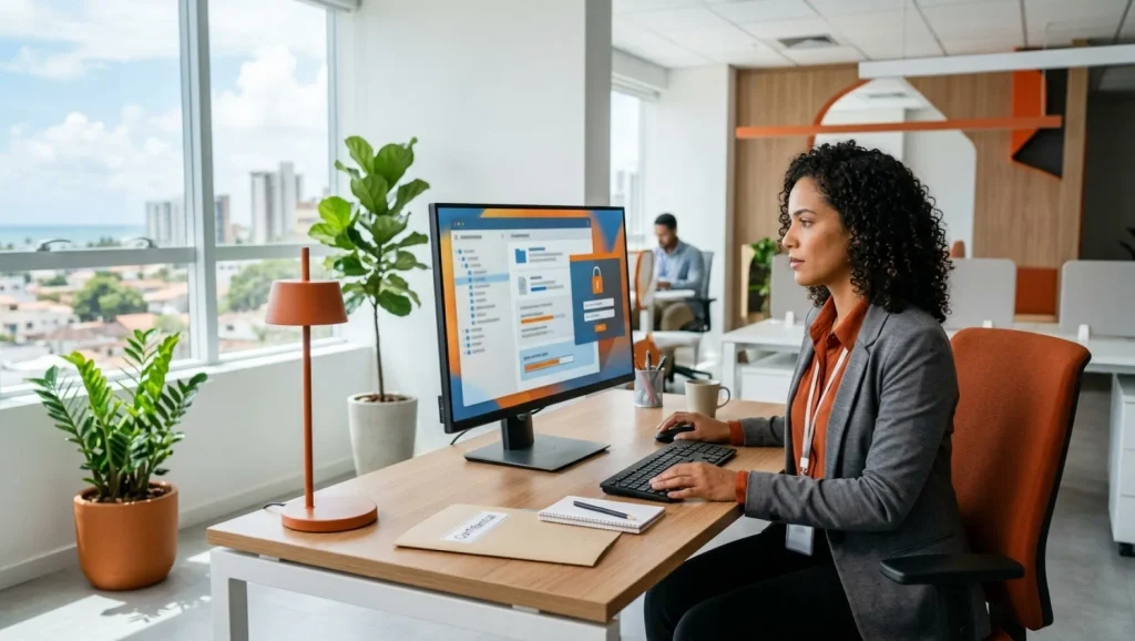 Profissional trabalhando em escritório moderno com computador, tela de interface de gestão e palavra-chave GED GED em pauta, ao lado de planta e janela ampla com vista urbana.
