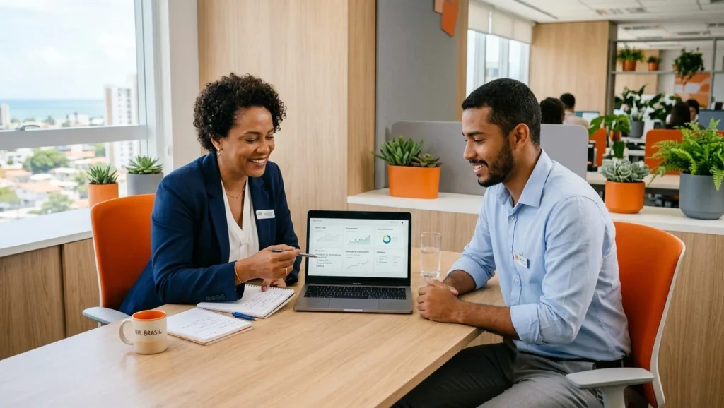 Exemplos de PDI em uma sala de escritório: duas pessoas analisam um gráfico em um notebook durante uma reunião, com mesa de trabalho e plantas decorativas ao fundo.