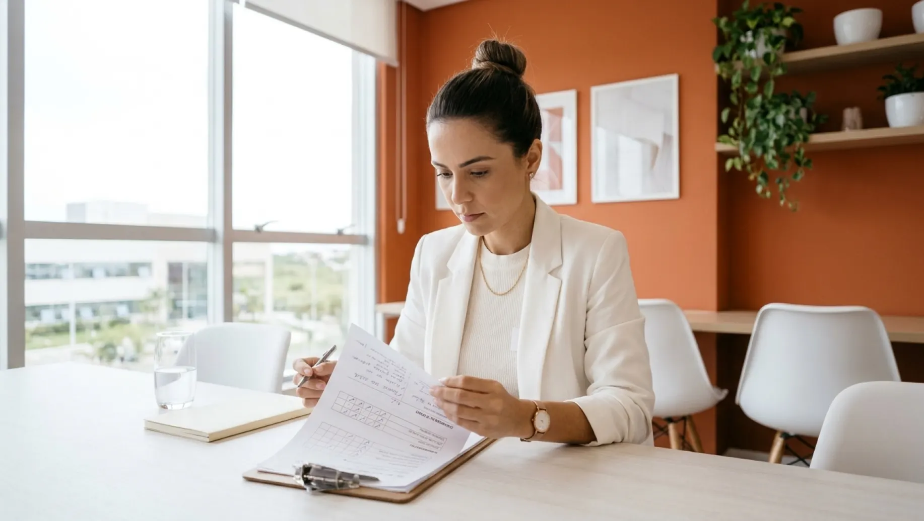 Feedback para candidatos reprovadosNPS para clínicas: mulher em escritório analisa documentos e anotações em uma mesa, enquanto prepara respostas profissionais.