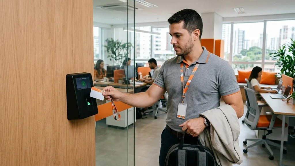 Funcionário em escritório usando leitor de biometria na folha de ponto para registrar entrada e saída, com crachá e lanyard.