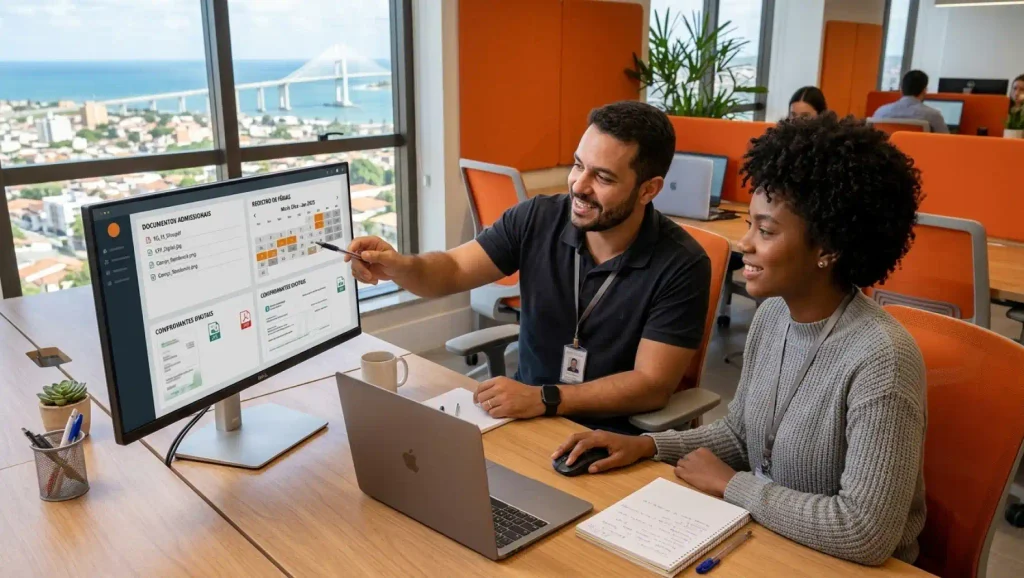 GED: Profissionais em escritório moderno analisando um painel de documentos na tela enquanto discutem informações, com vista para o mar ao fundo e computadores na mesa.