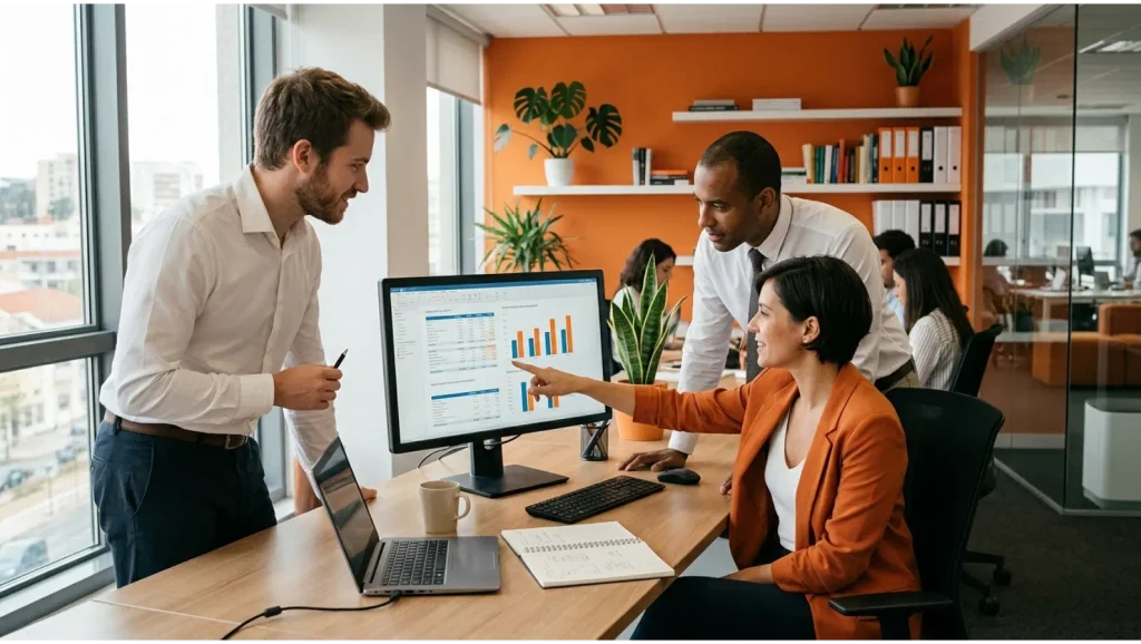 HIC: Equipe em reunião em escritório moderno, com pessoas analisando gráficos e planilhas em um monitor, discutindo resultados e planejamento de projetos