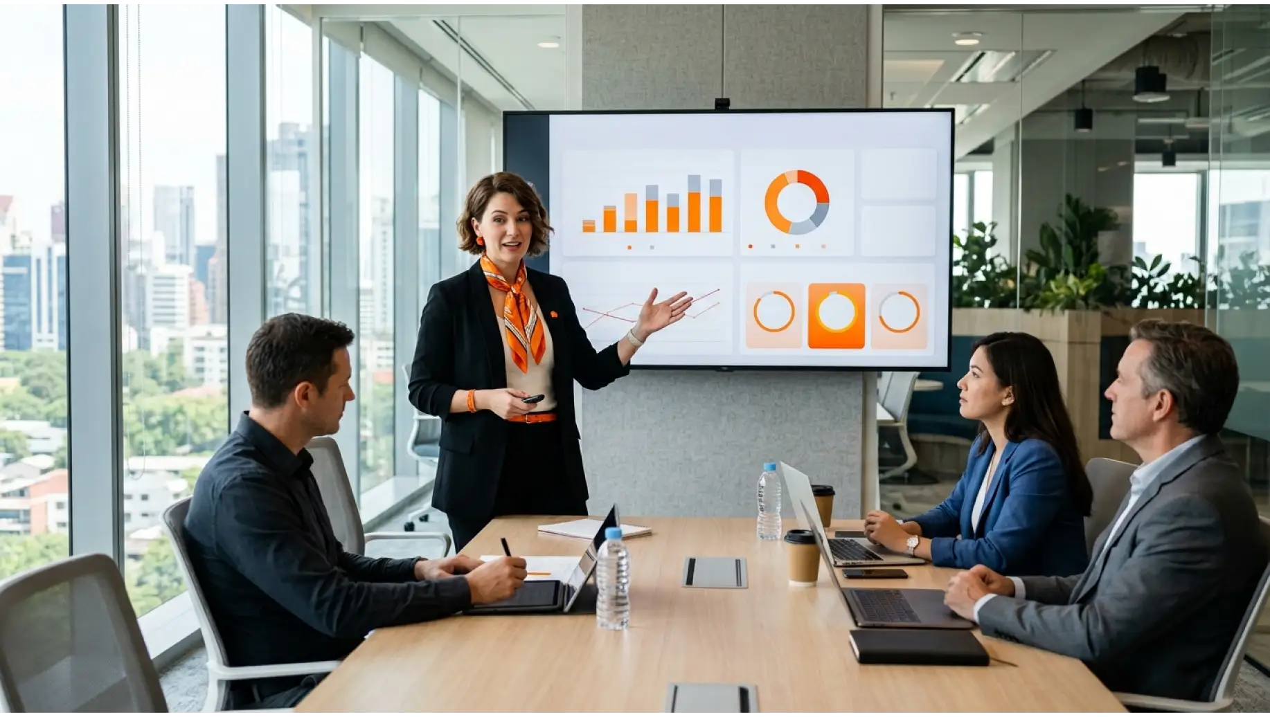 Indicadores de desempenho em apresentação: reunião em sala corporativa com profissional apontando para gráficos e painéis em uma tela, enquanto equipe analisa dados no escritório.