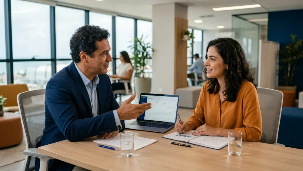 Dois profissionais conversam em uma sala de reuniões enquanto analisam um relatório no notebook, sugerindo modelos de avaliação de desempenho com gráficos e indicadores
