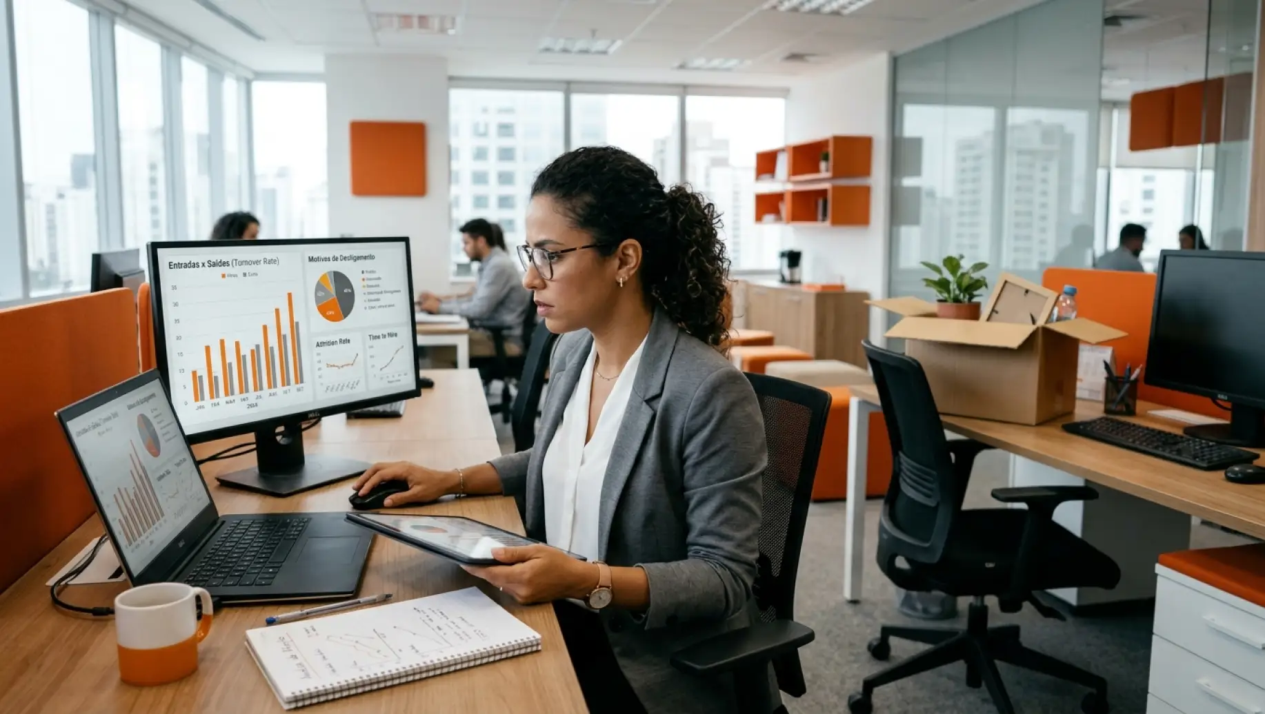 Mulher analisando relatórios de indicadores de RH em monitores no escritório moderno, com gráficos e planilhas sobre rotatividade de funcionários enquanto trabalha em um ambiente corporativo.