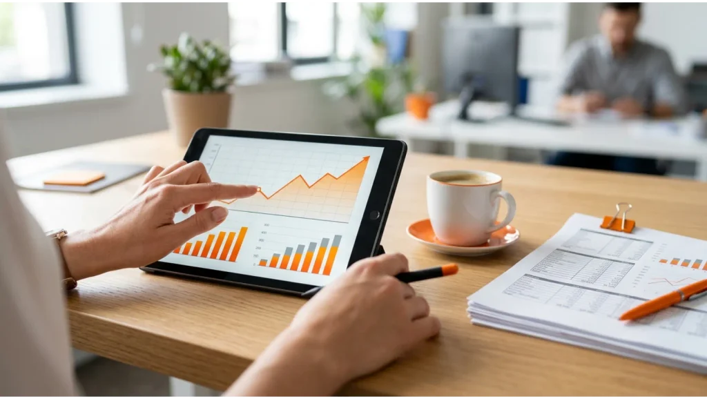 pessoa analisando graficos e indicadores de desempenho no tablet Indicadores de desempenho: 10 principais KPIs e exemplos 