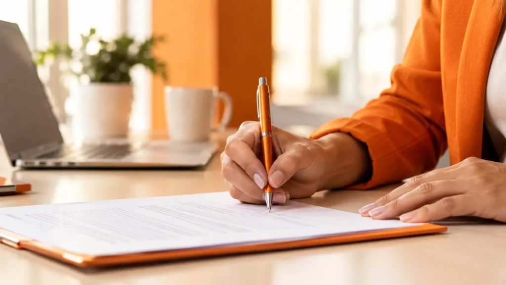 Pessoa sentada à mesa escrevendo com caneta em um documento e avaliando uma proposta, em ambiente de escritório, destacando a Carta proposta.