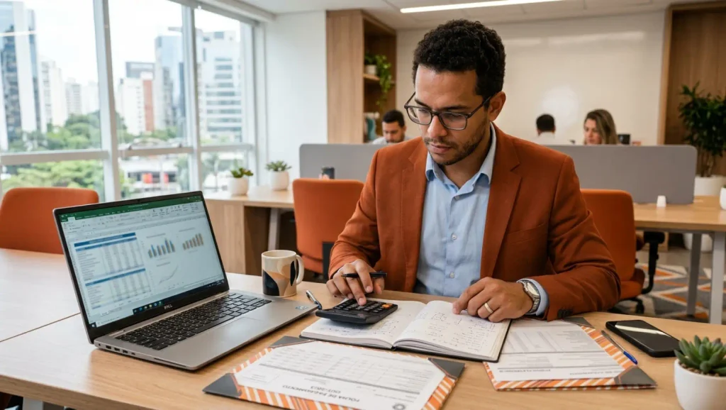 Profissional em escritório analisando documentos e planilhas no computador enquanto registra informações no cálculo de Contribuição sindical com calculadora e papéis sobre a mesa