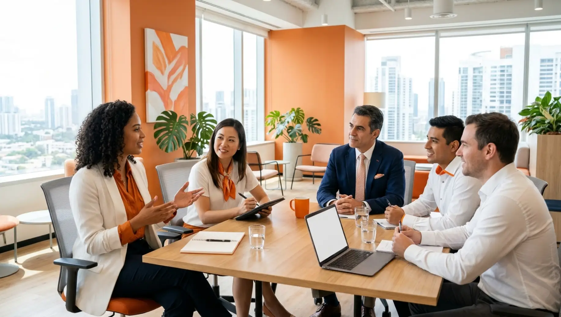 Reunião em escritório moderno com equipe de funcionários conversando e compartilhando ideias, transmitindo Confiança dos funcionários em um encontro profissional.