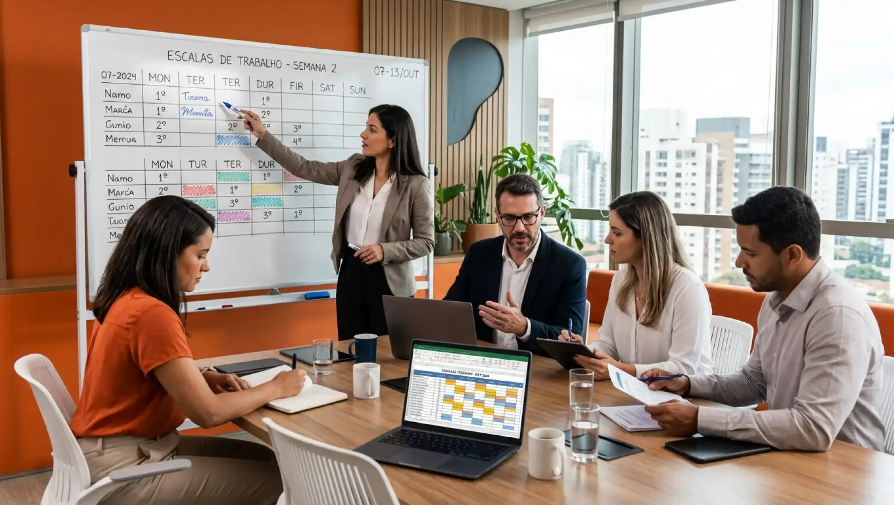 Reunião em escritório com equipe analisando quadro branco com escalas de trabalho e planilhas em notebooks, discutindo o tema Fim da escala 6x1.