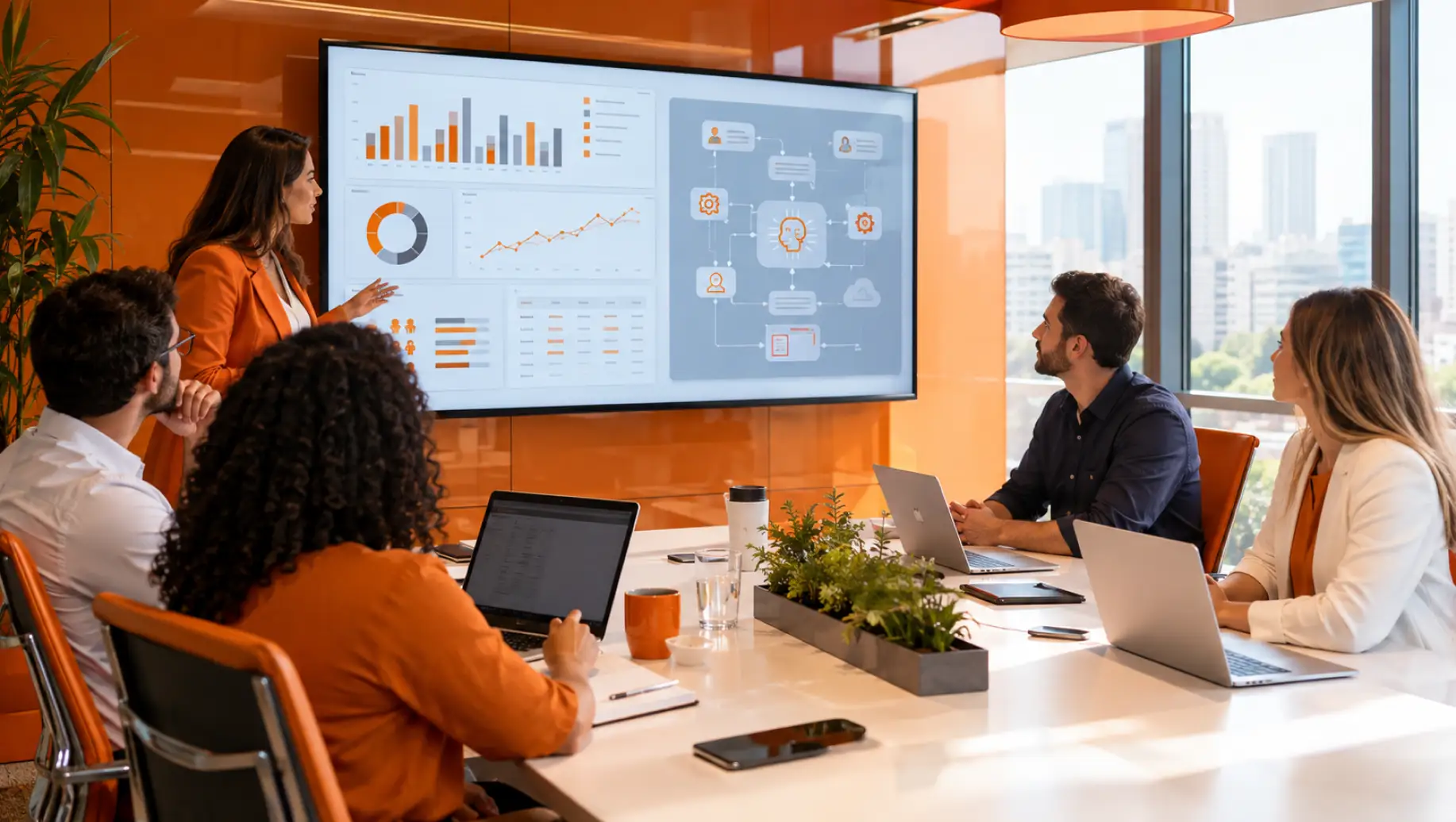 Reunião em escritório com pessoas analisando um painel digital de dados em uma tela grande, enquanto uma profissional aponta gráficos, cenário de trabalho com tecnologia e inovação para ia no RH
